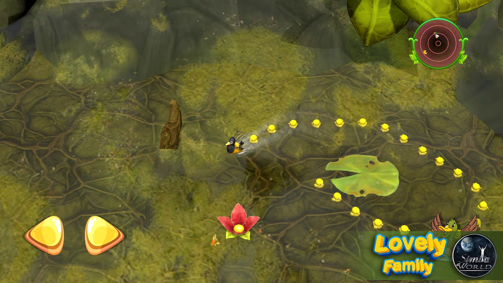 Ducklings crossing a lily pond in Lovely Family