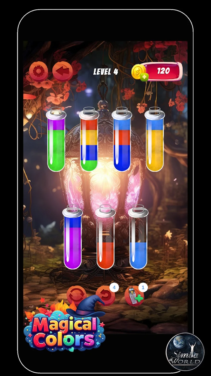 Color sorting gameplay with seven magical tubes